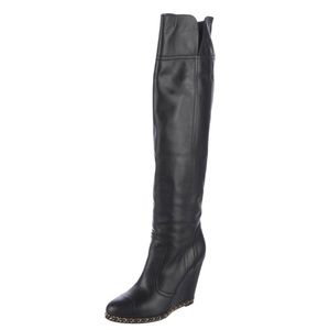 Chanel Leather Over The Knee High Chain Link Wedge Boots